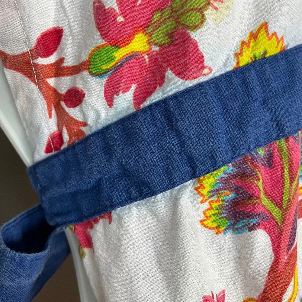 Sur La Table Floral Apron Colorful Cotton Pom Pom Trim Halter Neck Tie Kitchen